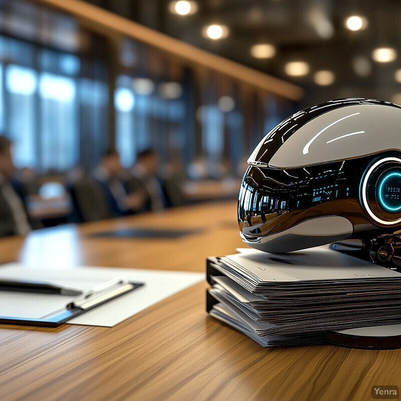 A robot head sits atop a stack of papers or folders in an office setting, surrounded by people engaged in conversation.