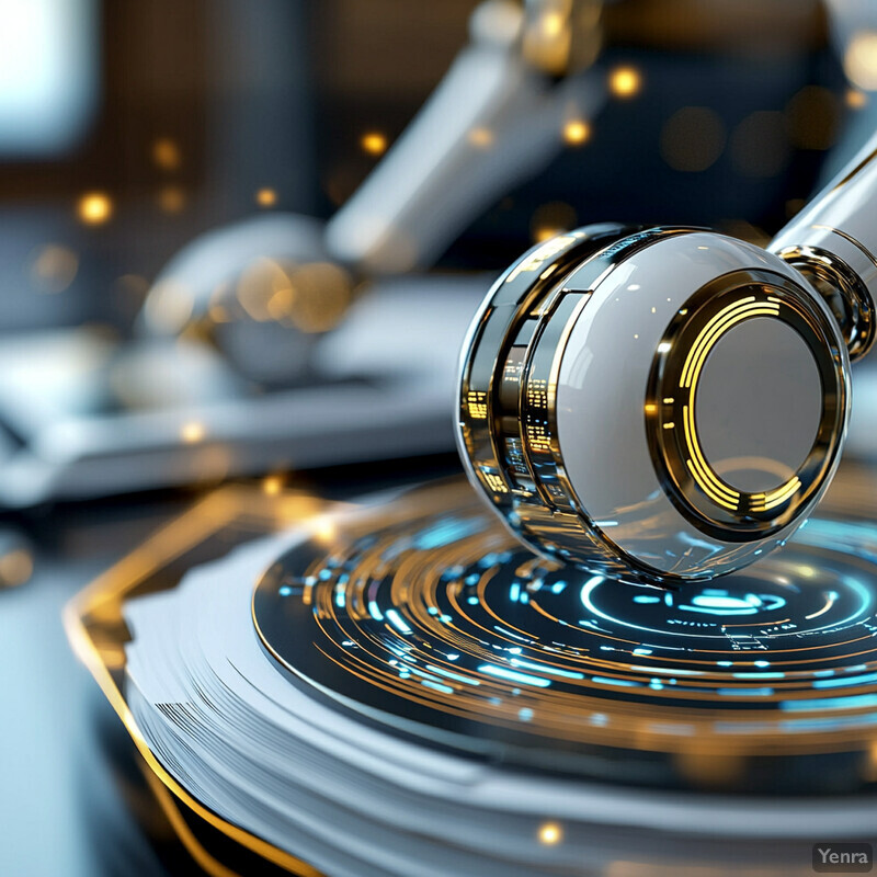 A futuristic scene with wireless headphones resting on top of a vinyl record in a music production studio.