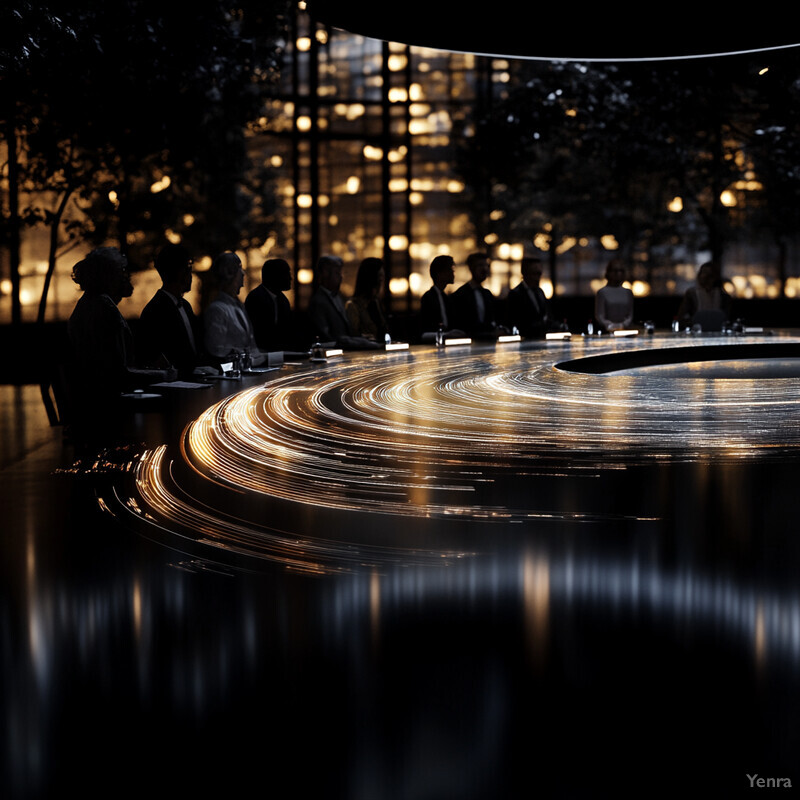 A group of people seated around a large, circular table with concentric circles etched into its surface, likely in a business or professional setting.