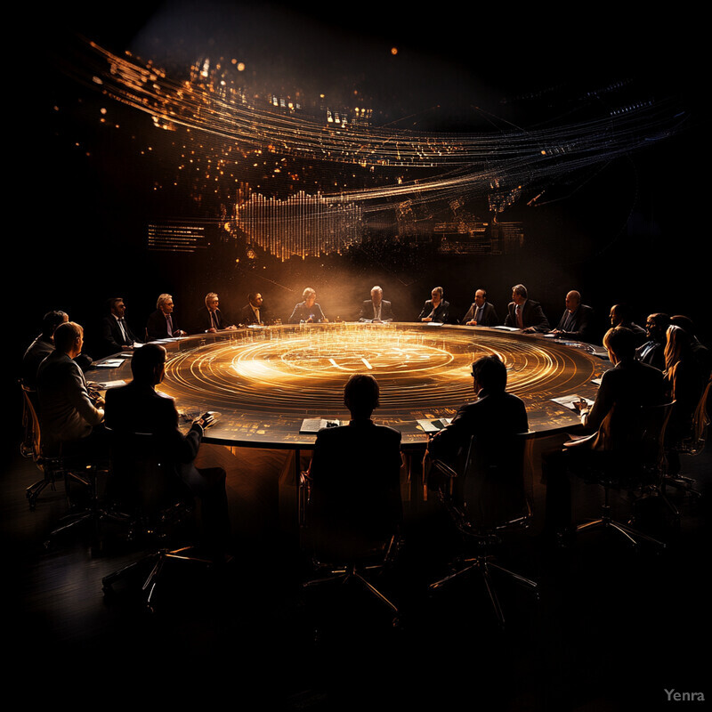 A group of people in formal business attire are gathered around a large, circular table in a futuristic conference room.