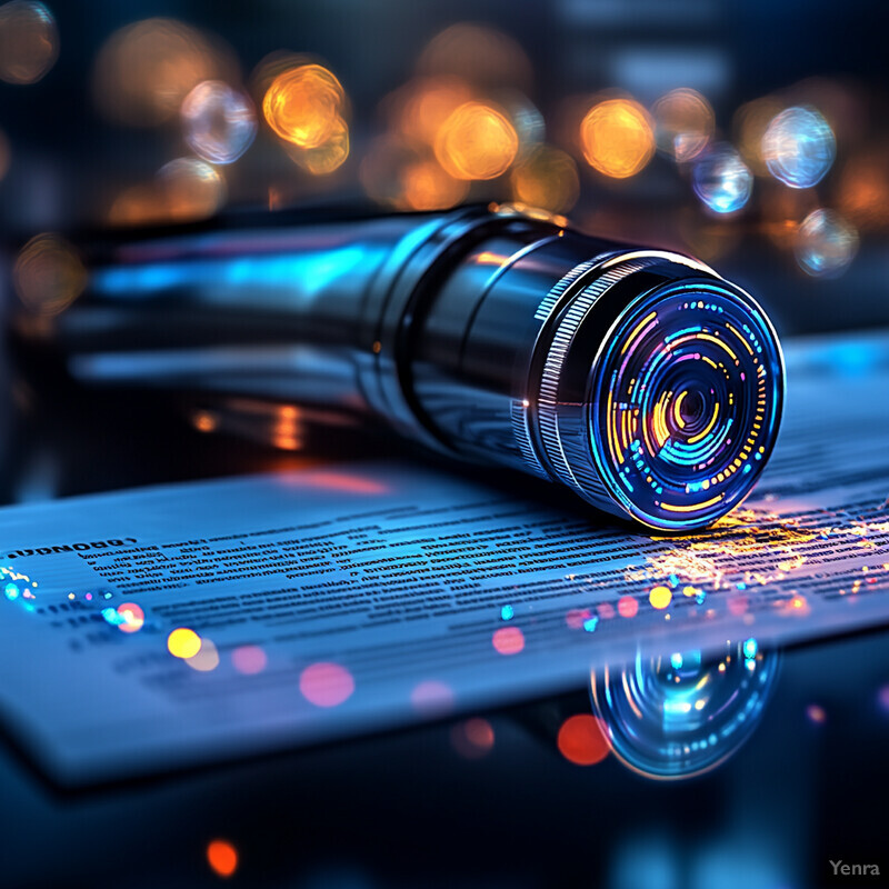 A close-up view of a camera lens on top of a document or paper, with the background out of focus and some scattered lights visible in the distance.