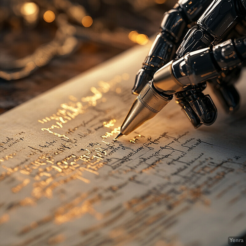 A robotic hand drafts a smart contract on paper using a gold pen.