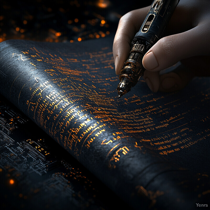 A person drafts smart contracts on a large scroll with intricate orange lines and symbols.