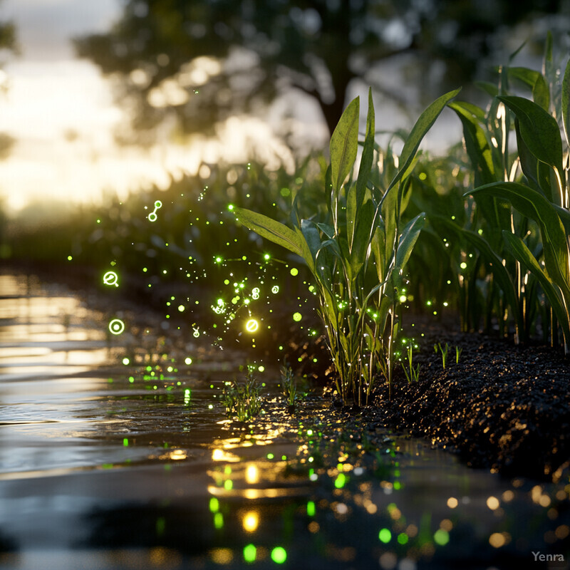 A peaceful outdoor scene with grasses and plants growing near a body of water.