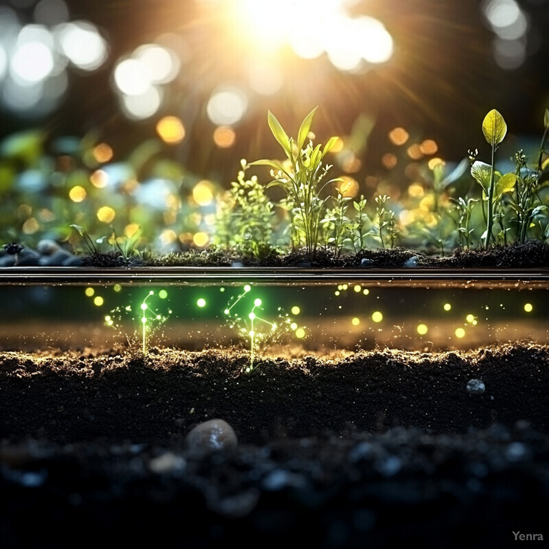 A serene and natural scene depicting a cross-section of soil with plants growing above it.