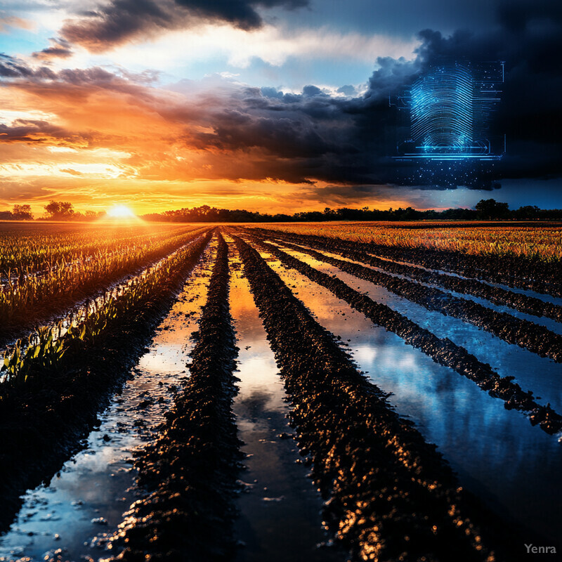 A field of crops with rows of water-filled furrows under an orange and blue sky.