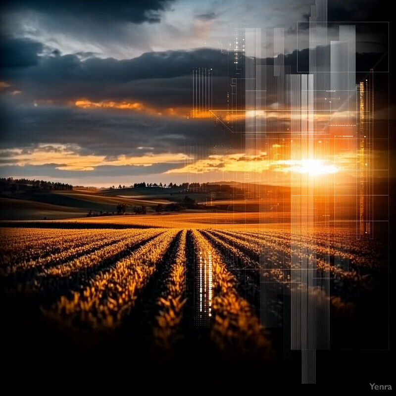 A serene landscape featuring a field of crops under an overcast sky, with dominant orange and yellow hues suggesting sunrise or sunset.