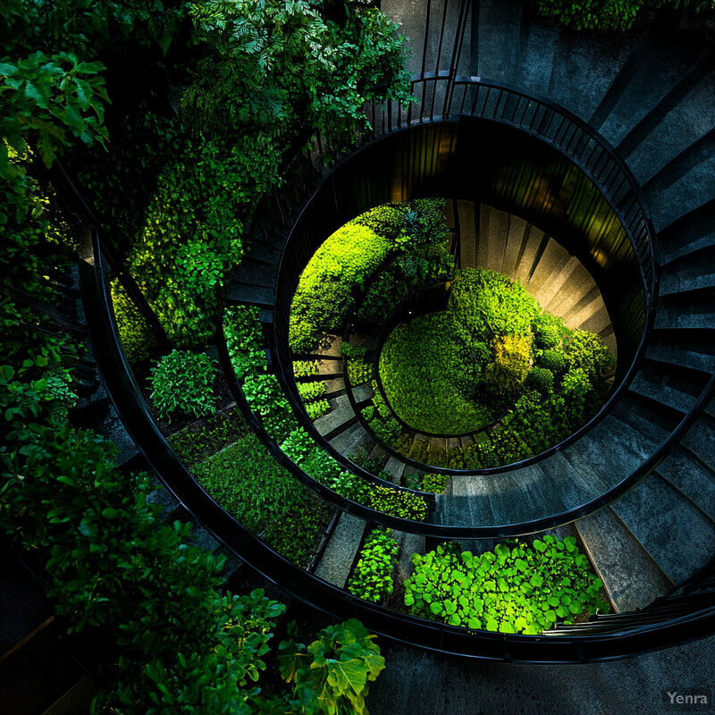 A spiral staircase surrounded by lush greenery and plants, creating an atmosphere of continuous improvement through feedback loops.