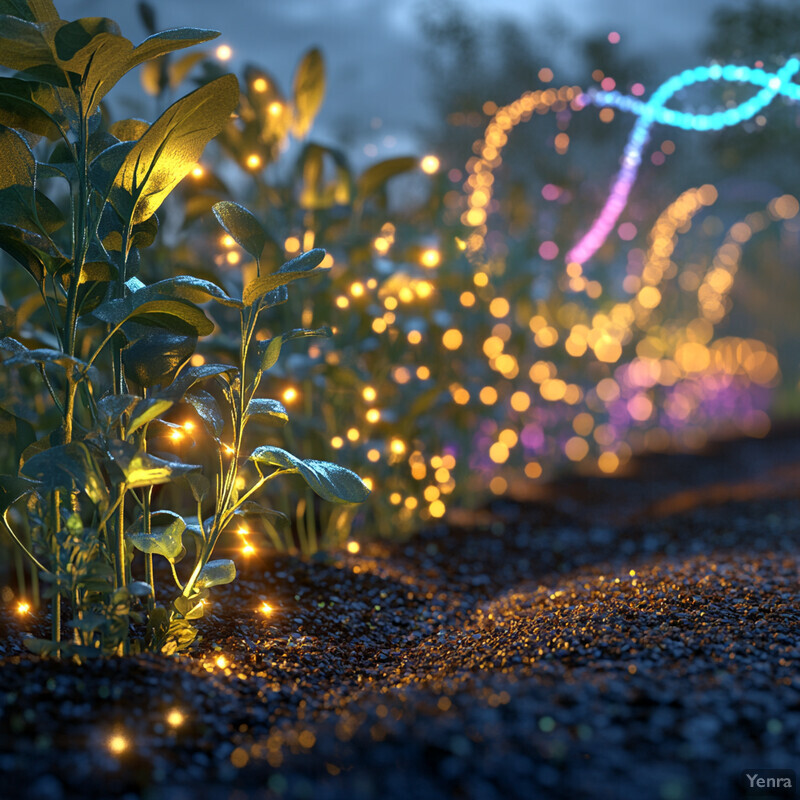 A nighttime scene featuring glowing plants and a peaceful atmosphere.