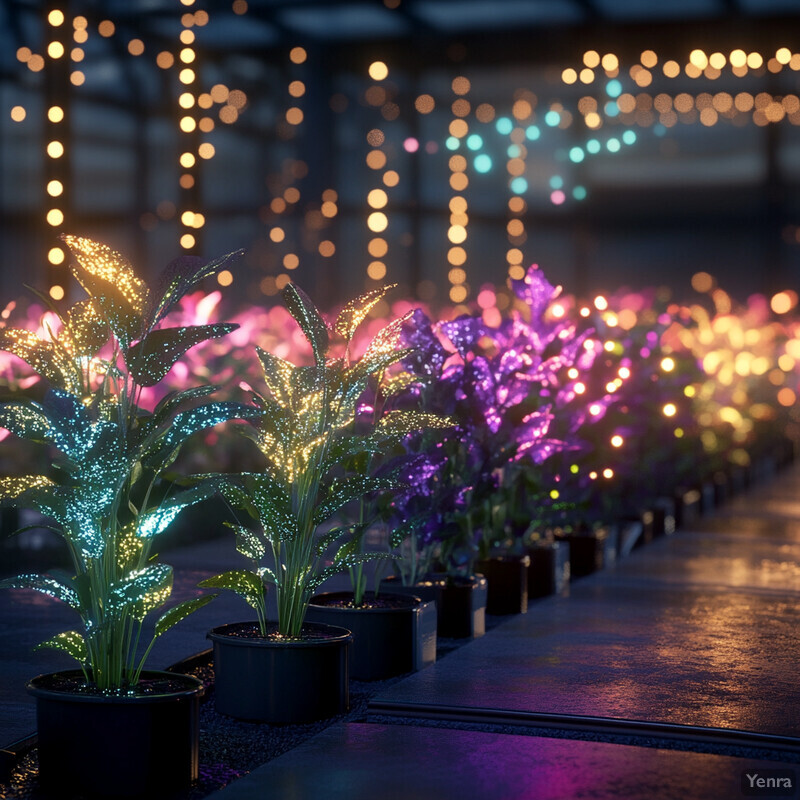 Rows of small potted plants with glowing leaves line a concrete walkway in an indoor space.