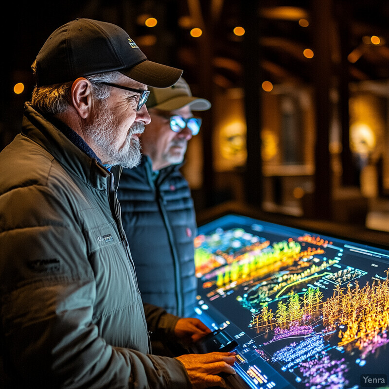 Three men gather around an interactive display, analyzing complex data in a collaborative learning environment.