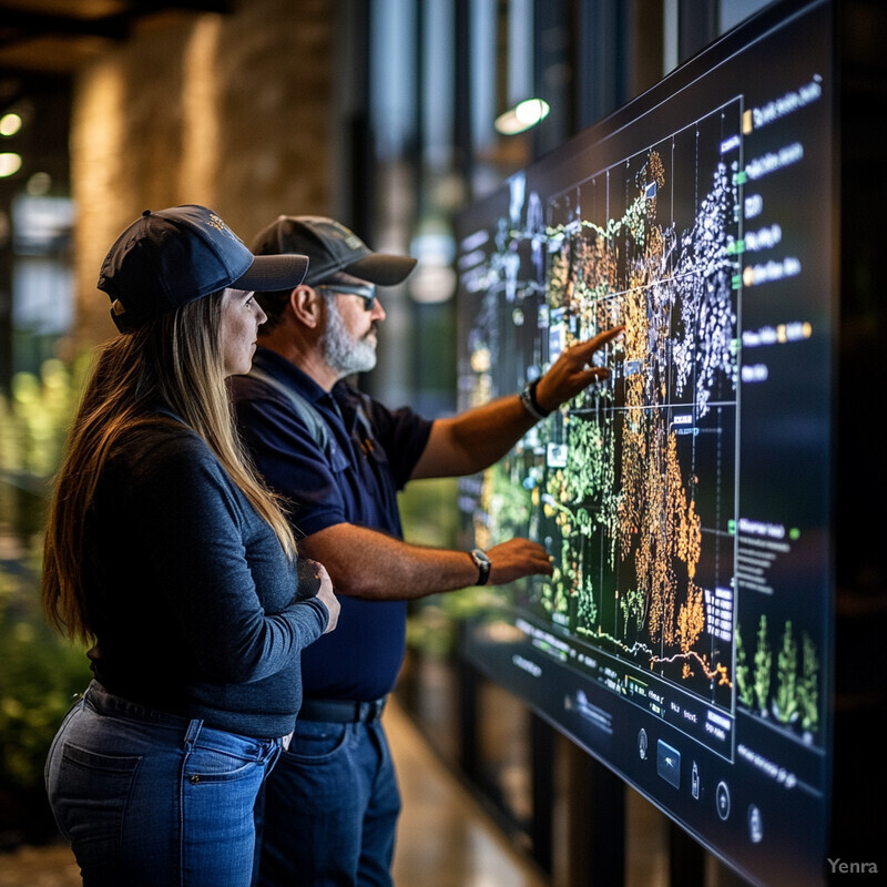 Two individuals standing in front of a large screen displaying a complex graph or chart.