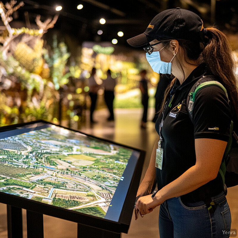 A woman examines a map or diagram on an interactive display screen in an exhibition or conference center.