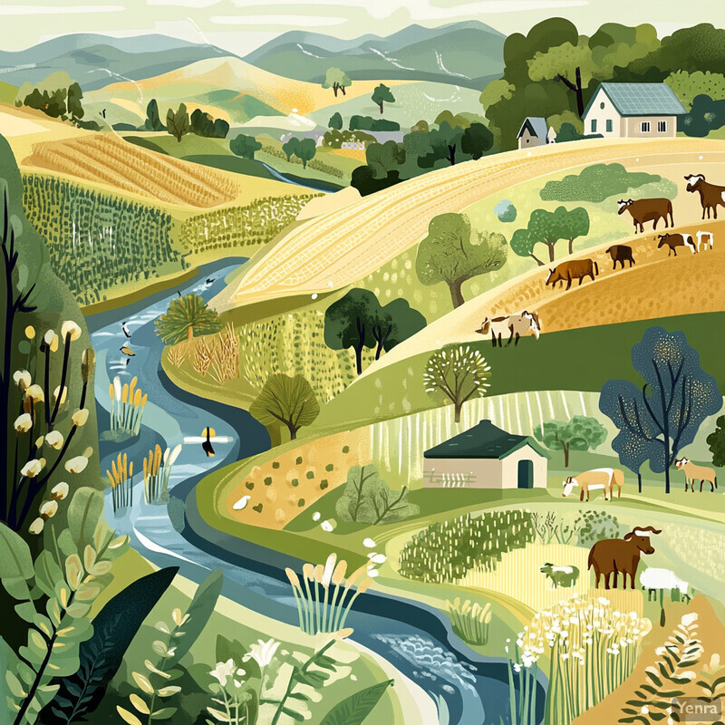 An idyllic countryside scene showcasing Integrated Cropping-Livestock Systems in action, with rolling hills, diverse crops and livestock, a winding stream, and a distant mountain range.