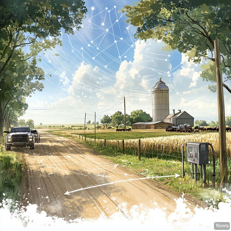 A serene rural landscape with a silo in the background and fields and trees in the foreground.