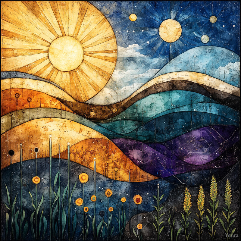 A colorful illustration of a landscape with rolling hills, sunflowers, wheat, and a radiant sun.