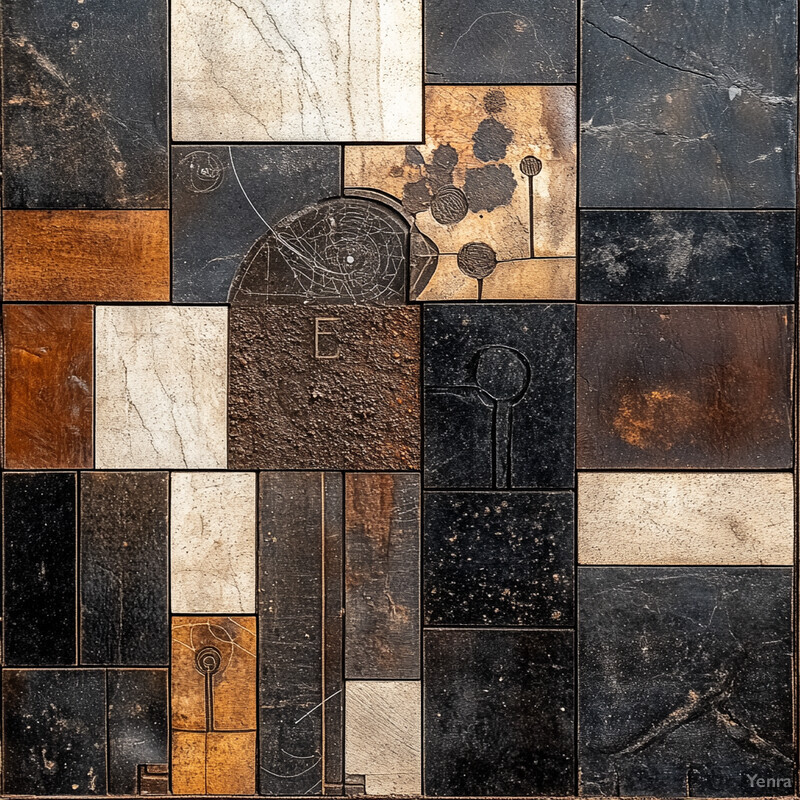 Abstract composition of geometric shapes in black and brown hues.