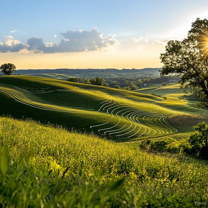 A serene landscape of rolling hills covered in lush green grass, with white lines etched into the ground.