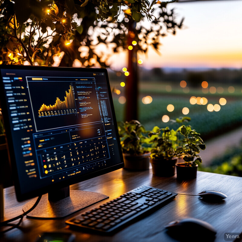 A computer monitor displaying stock market data and graphs on a desk in an outdoor setting.