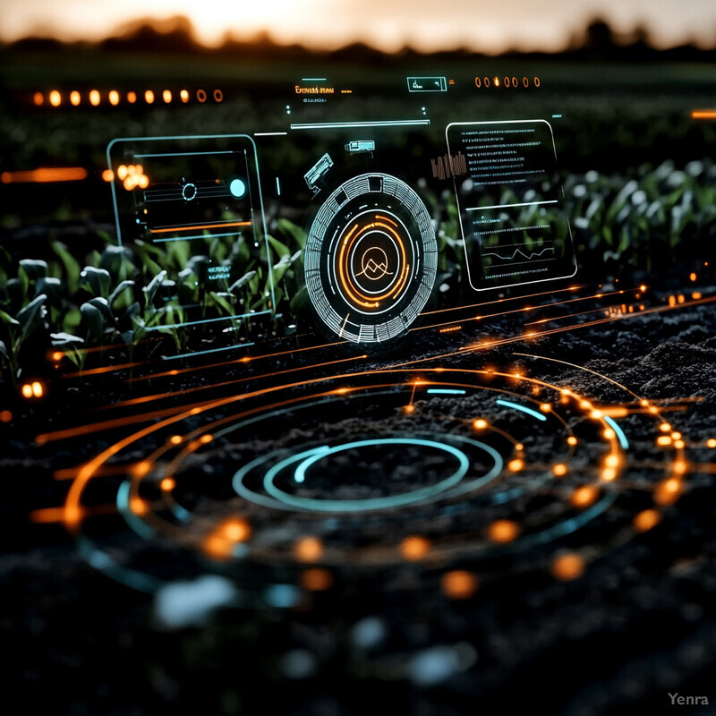 Futuristic agricultural field with digital elements superimposed over the image.