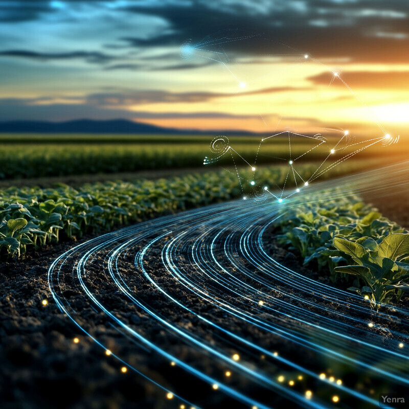 A serene image of a field of crops with mountains in the background.