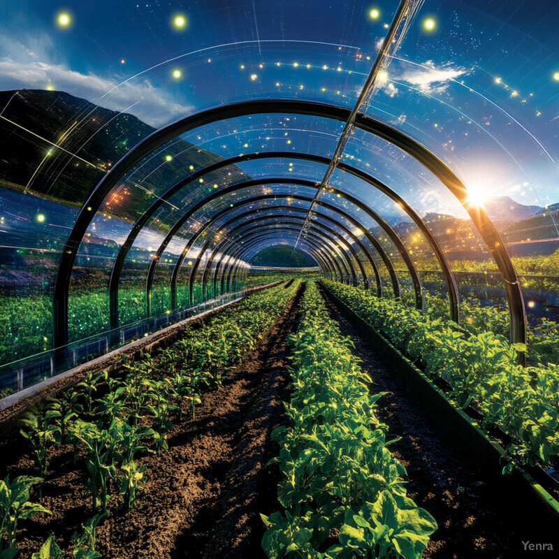 A greenhouse with rows of plants growing inside.