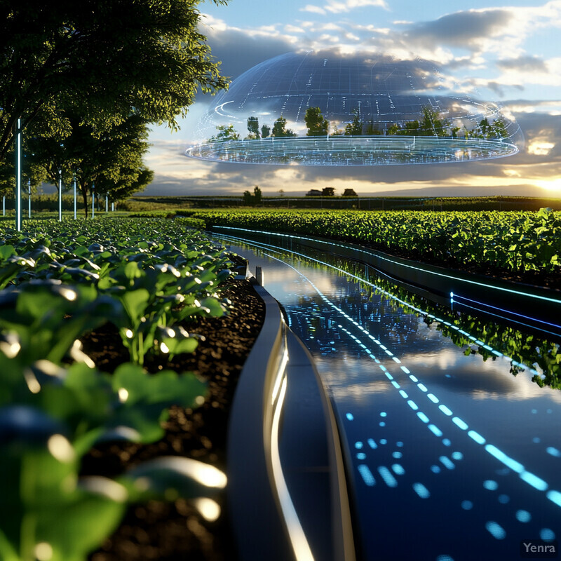 A futuristic agricultural scene with a large dome-shaped structure and rows of green plants.