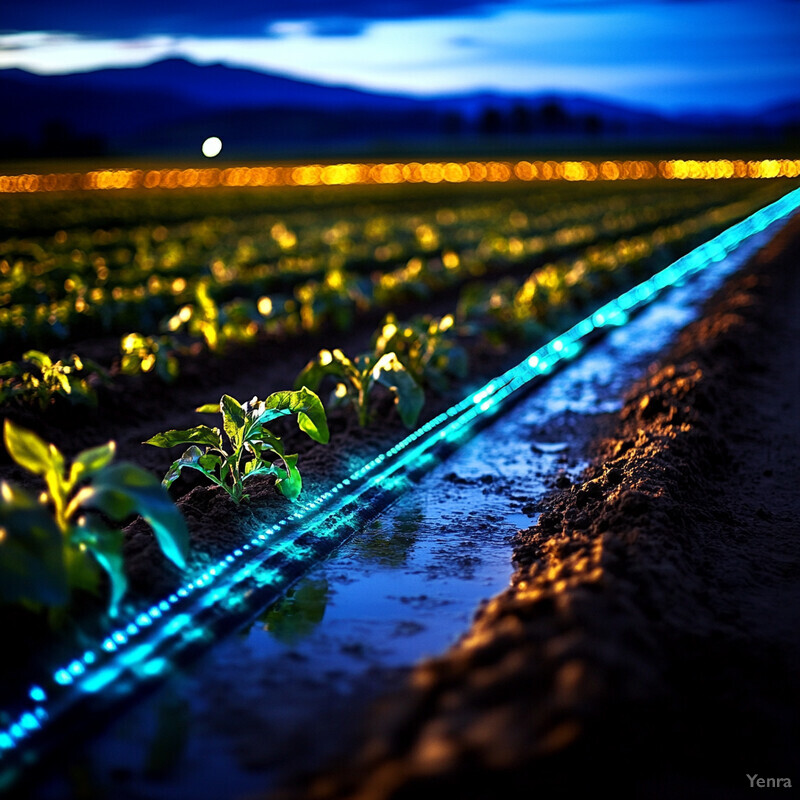 Image of a field of crops illuminated by blue light at night.