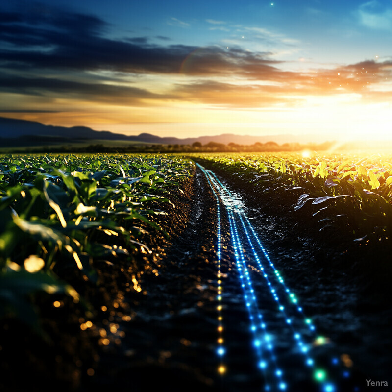 A field with rows of crops growing in it, featuring a tractor driving through the field and a small shed near the edge.