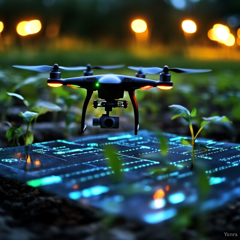 A drone flying over a field with a map projected onto it.