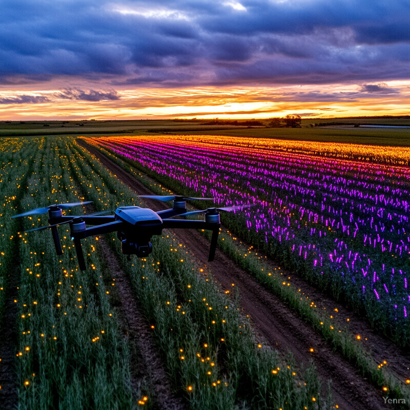 A drone flies over a field of flowers at sunset.