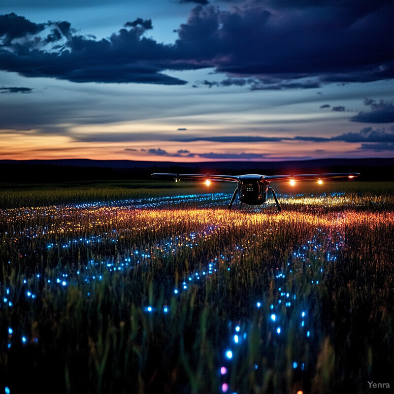 A drone hovers over a field at dusk, its lights illuminating the surrounding area.