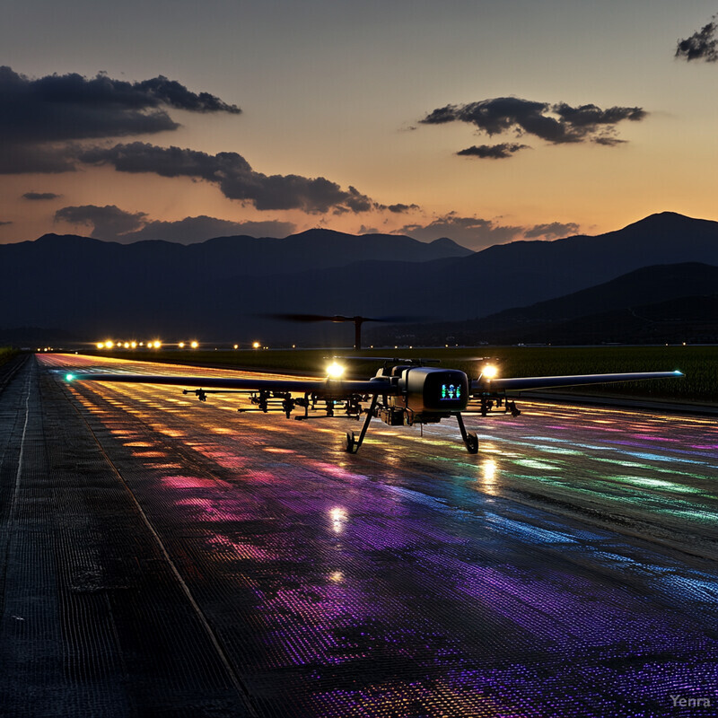 A large drone with multiple cameras is preparing for takeoff or landing in an outdoor setting.