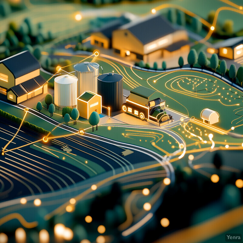 A 3D model of a farm with various buildings and fields, surrounded by hills and mountains.