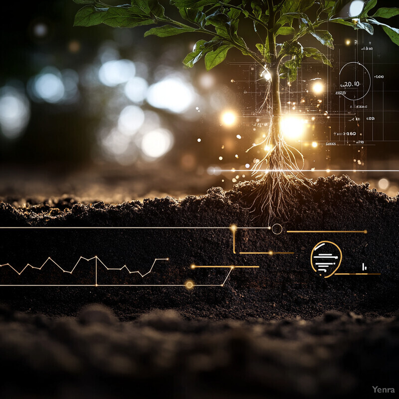 A detailed analysis of soil health, showing a tree with healthy leaves and dark, nutrient-rich soil, along with a line graph representing data on pH levels or other factors.