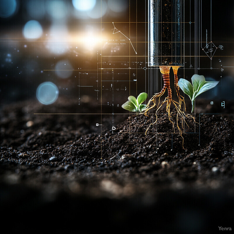 A close-up view of soil with roots and leaves visible.