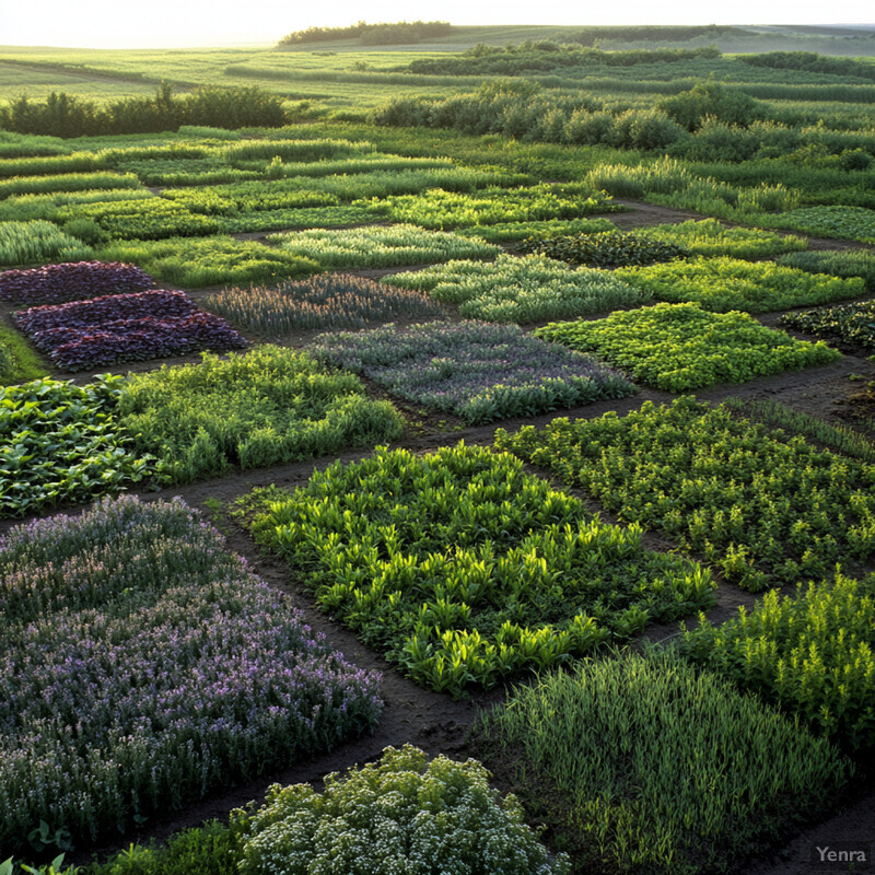 A field of diverse plants and flowers with various shades of green and purple under an overcast sky.