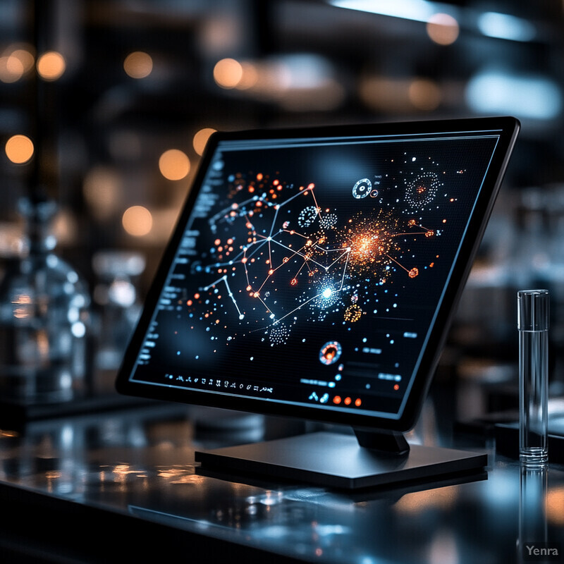 A computer monitor displays a network diagram with orange highlighted nodes and various icons.