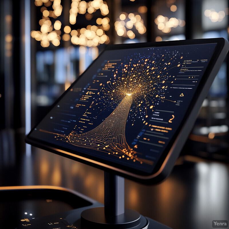 The image depicts an interactive digital display with a black frame and stand, designed for data analysis and visualization in a professional setting.