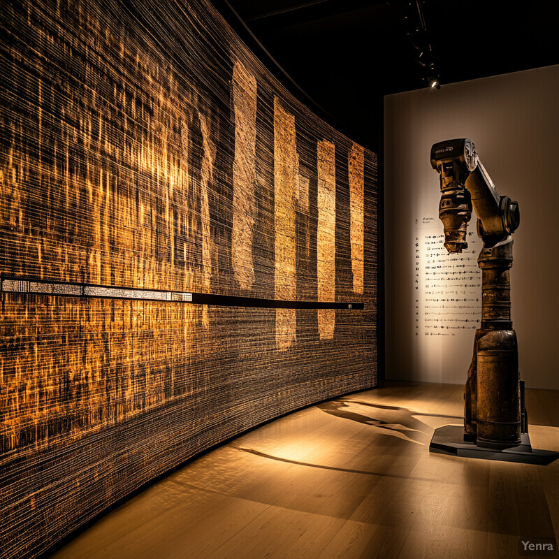 A wooden sculpture with intricate carvings is displayed in an art gallery.