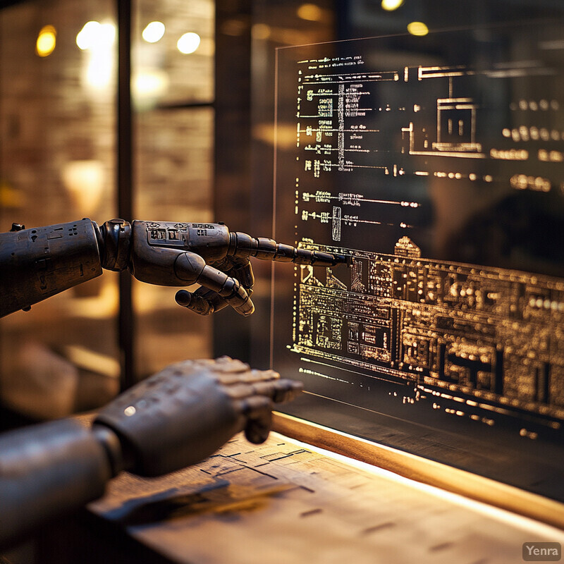 Two robotic hands analyze data on a transparent screen in a laboratory-like setting.