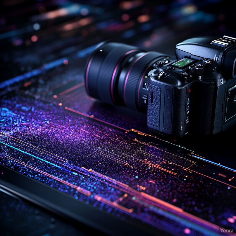 A camera and lens are placed on top of an abstract background with a mix of blue, purple, and black colors.