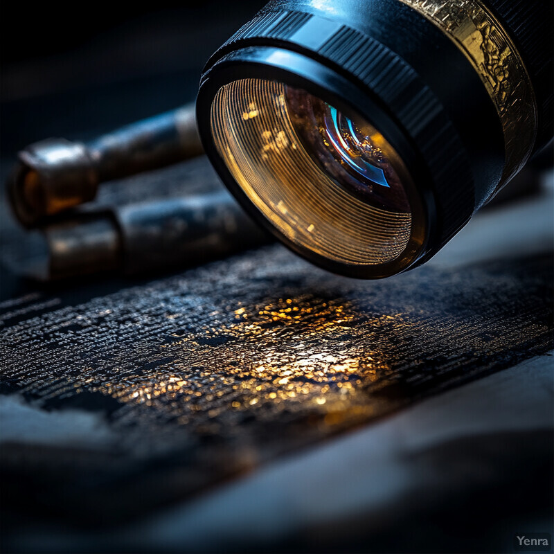 A close-up view of a flashlight lying on its side, with its lens facing upwards and reflecting light.