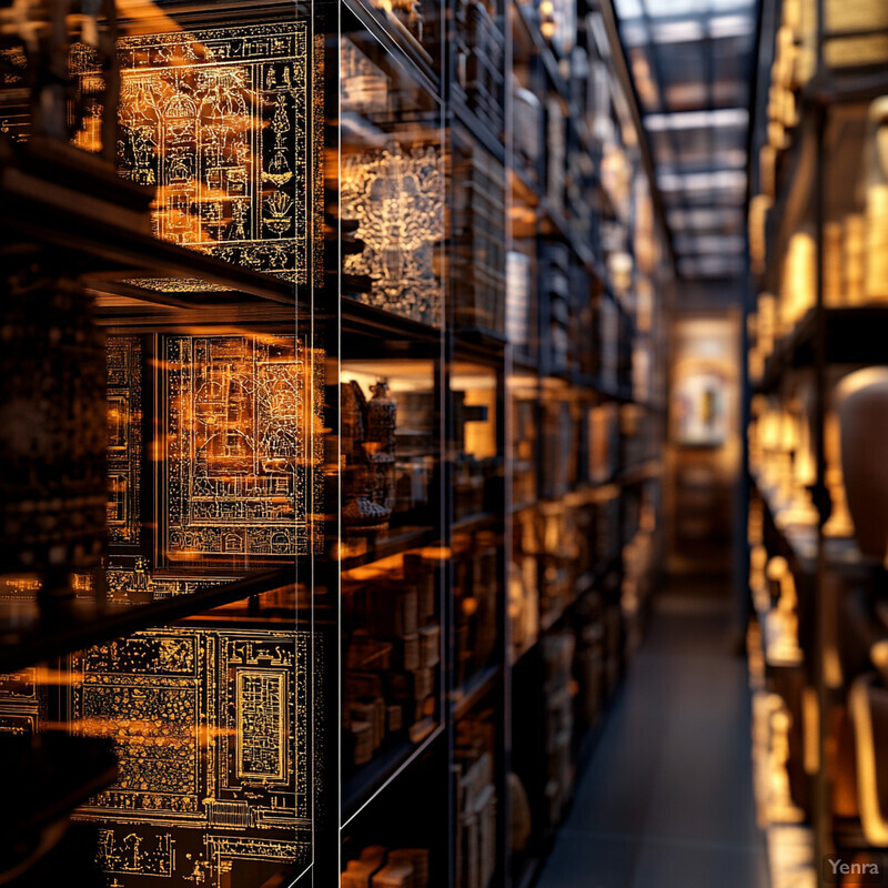 A vast collection of intricately designed artifacts is stored in rows of shelves within a large room.