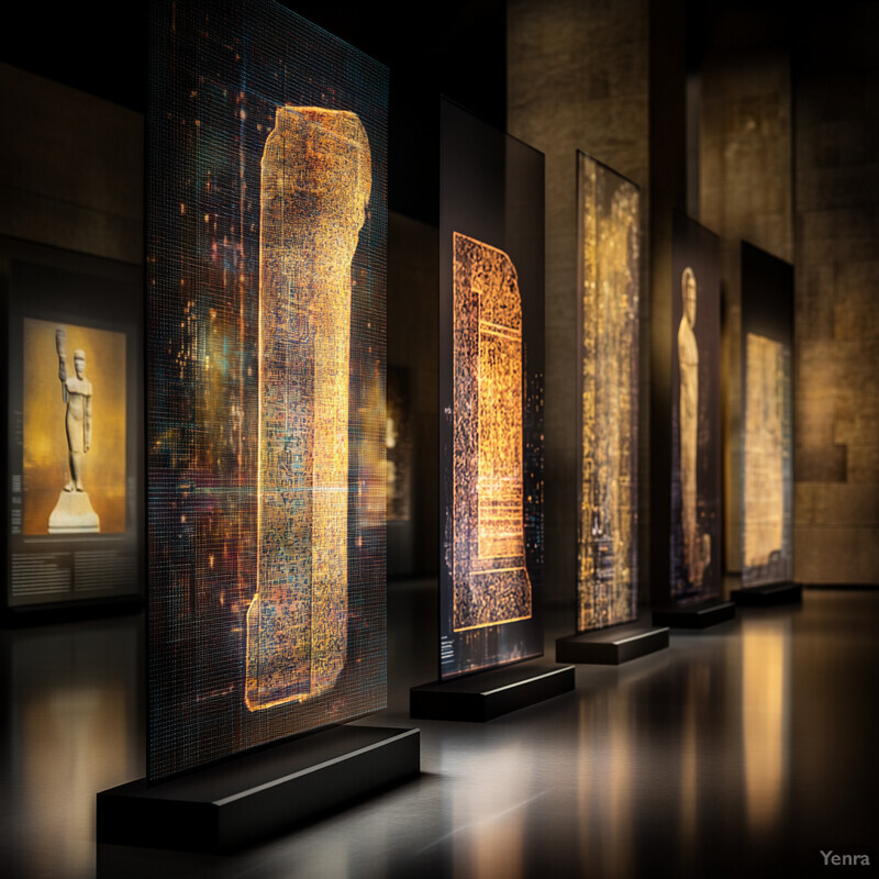 An art gallery or museum exhibit featuring large digital displays of ancient Egyptian artifacts.