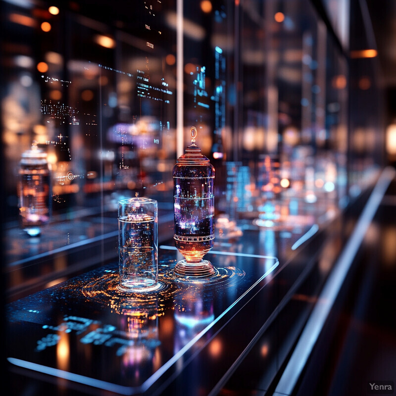 An interactive display of glass containers and data visualizations in a futuristic research facility.