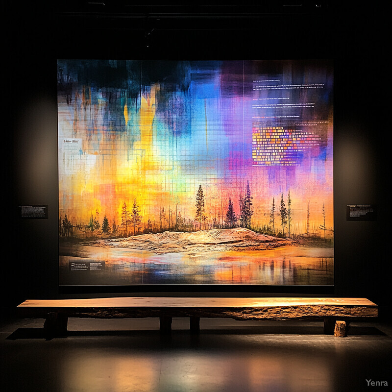 A vibrant abstract painting displayed in an exhibition space, featuring a dynamic composition of colors with bold brushstrokes and a striking contrast to the dark wall.