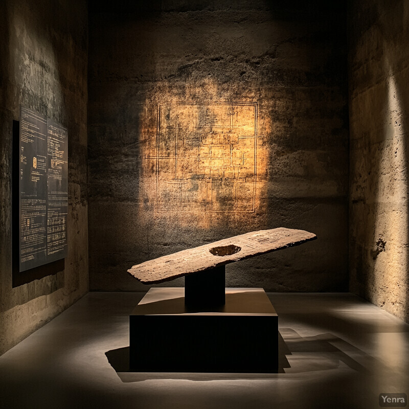 A dimly lit room with a single artifact on display.