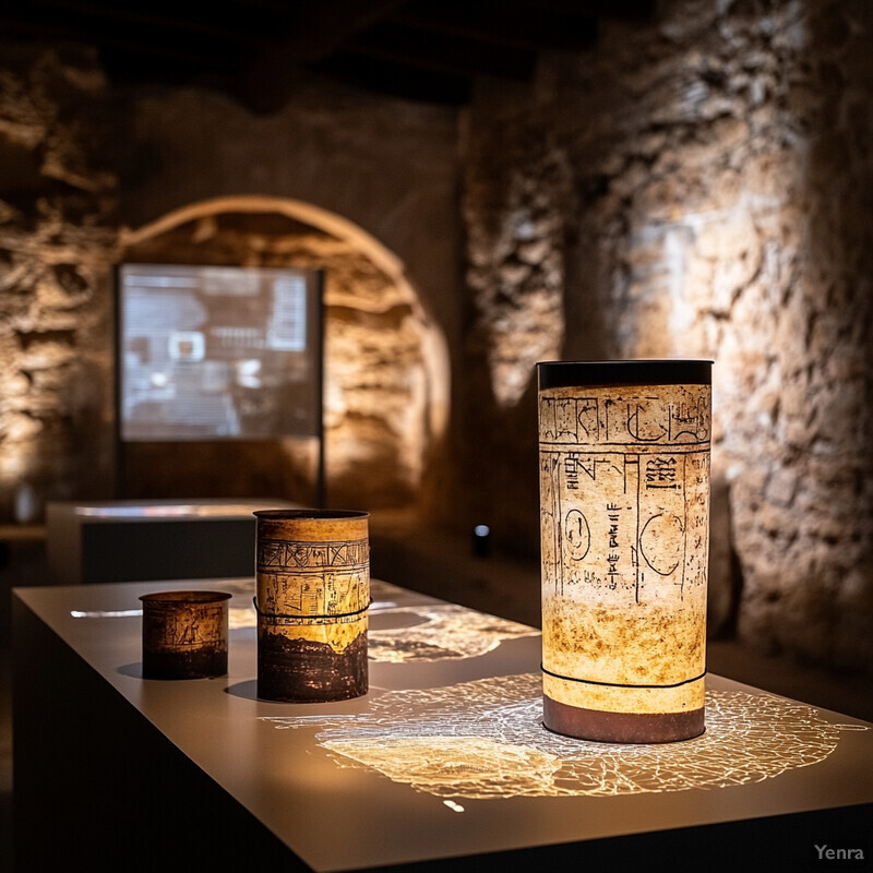 Ancient artifacts on display in a dimly lit room with stone walls.