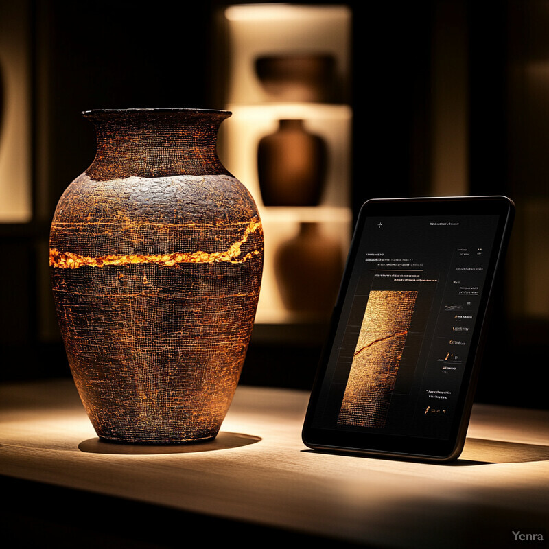 An ancient vase is displayed in a museum alongside a tablet showing its damage and restoration analysis.